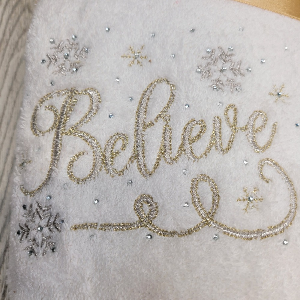 2 Believe White Hand Towel Embroidered Snowflake Rhinestone Gold Ribbon Holiday - Picture 8 of 8